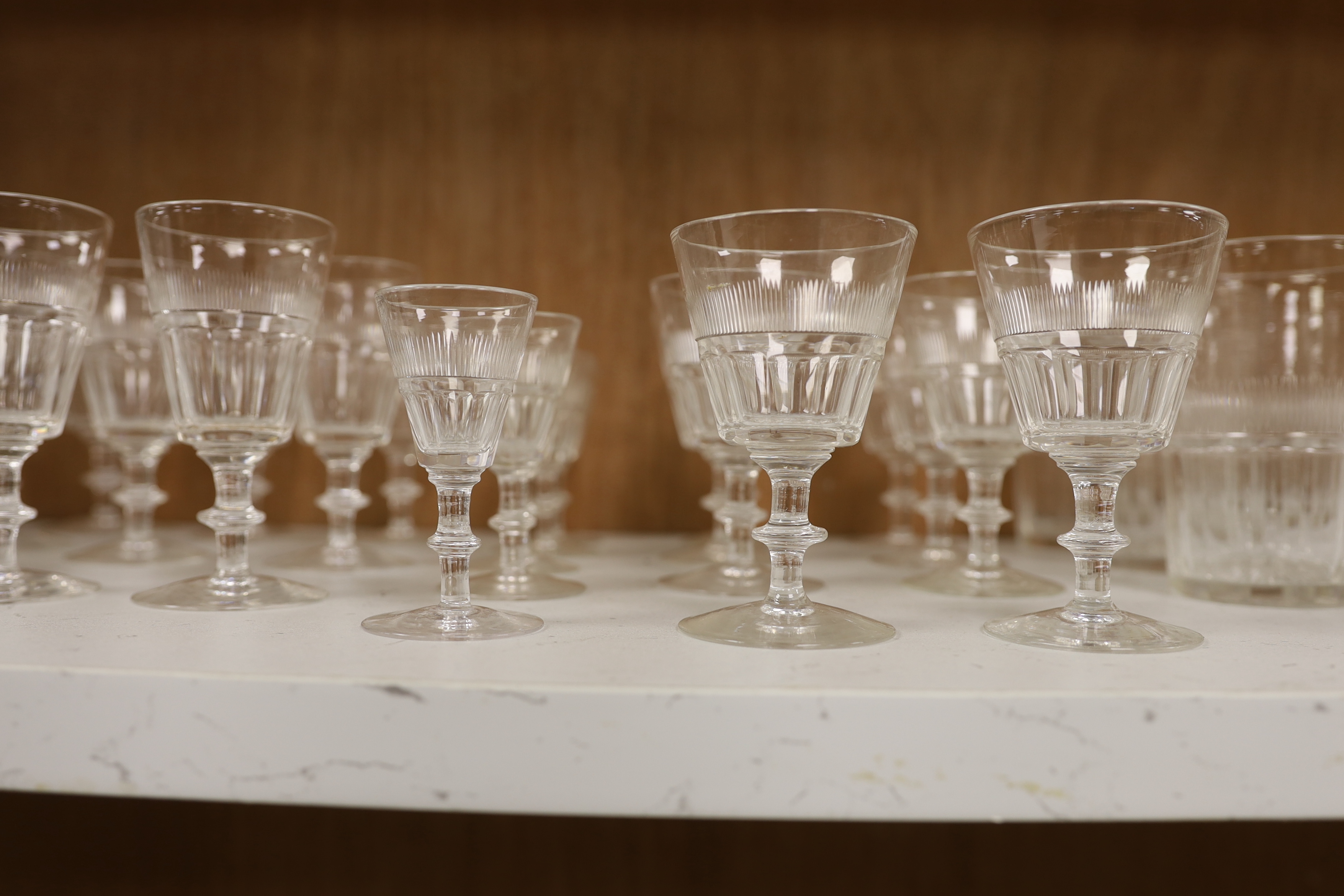 Collection of vintage glasses including set of seven tumblers